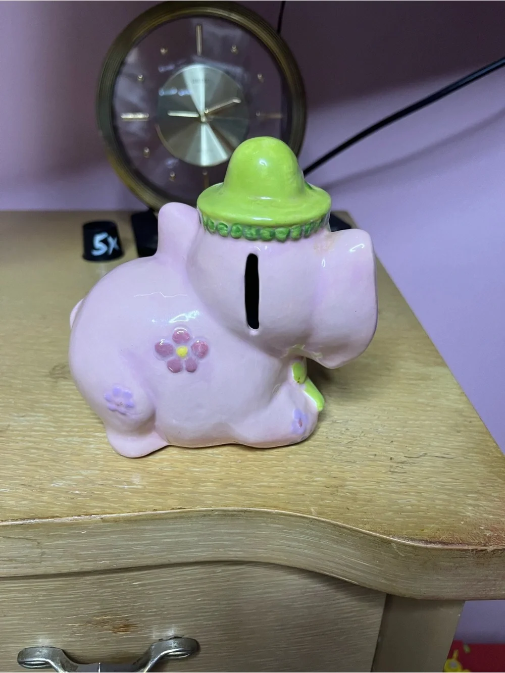 Pink Ceramic Elephant Bank with Lime Green Accents